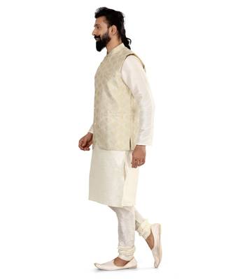 Men Cream Jacquard Silk Nehru Jacket with Plain White Dupion Silk Kurta Churidar 4
