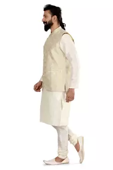 Men Cream Jacquard Silk Nehru Jacket with Plain White Dupion Silk Kurta Churidar