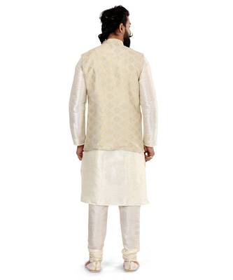 Men Cream Jacquard Silk Nehru Jacket with Plain White Dupion Silk Kurta Churidar 5