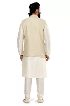 Men Cream Jacquard Silk Nehru Jacket with Plain White Dupion Silk Kurta Churidar