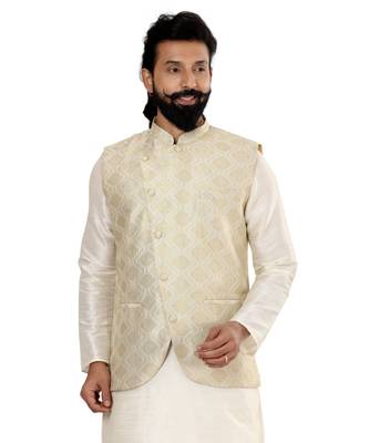 Men Cream Jacquard Silk Nehru Jacket with Plain White Dupion Silk Kurta Churidar 6