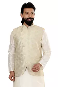 Men Cream Jacquard Silk Nehru Jacket with Plain White Dupion Silk Kurta Churidar