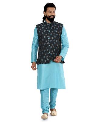 Men Black Jacquard Silk Nehru Jacket with Plain White Dupion Silk Kurta Churidar 2