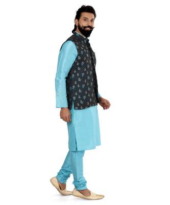 Men Black Jacquard Silk Nehru Jacket with Plain White Dupion Silk Kurta Churidar 3