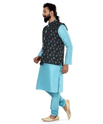 Men Black Jacquard Silk Nehru Jacket with Plain White Dupion Silk Kurta Churidar 4