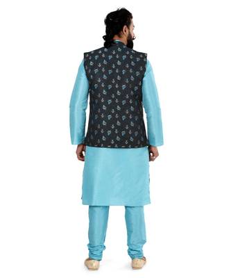 Men Black Jacquard Silk Nehru Jacket with Plain White Dupion Silk Kurta Churidar 5