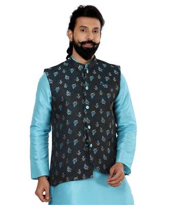 Men Black Jacquard Silk Nehru Jacket with Plain White Dupion Silk Kurta Churidar 6