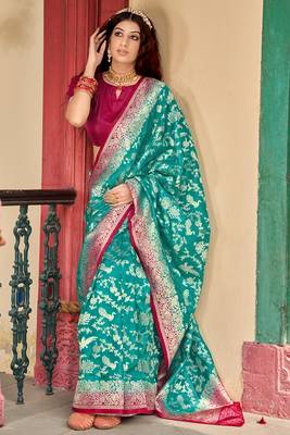 Organza Silk Light Teal Colour Trendy Saree 1