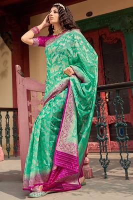 Organza Silk Sea Green Colour Trendy Saree 1