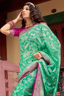 Organza Silk Sea Green Colour Trendy Saree 2