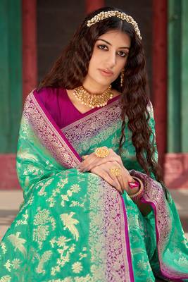 Organza Silk Sea Green Colour Trendy Saree 3
