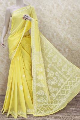 Yellow embroidered georgette saree with blouse 1