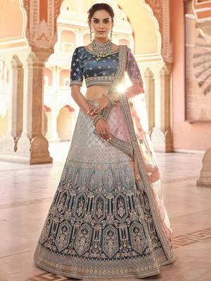 Navy-blue embroidered velvet semi stitched lehenga 1
