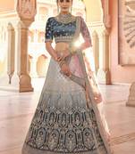 Navy-blue embroidered velvet semi stitched lehenga