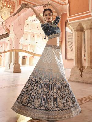 Navy-blue embroidered velvet semi stitched lehenga 2