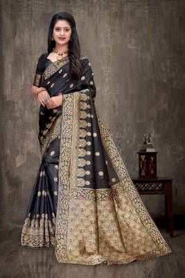 Black woven banarasi silk saree with blouse 1
