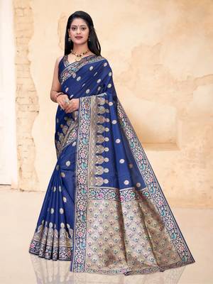 Navy blue woven semi silk saree with blouse 1