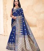 Navy blue woven semi silk saree with blouse