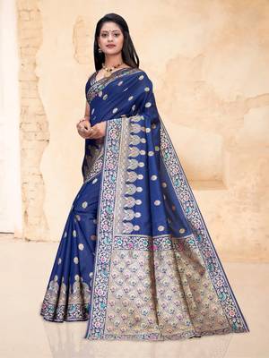Navy blue woven semi silk saree with blouse 2