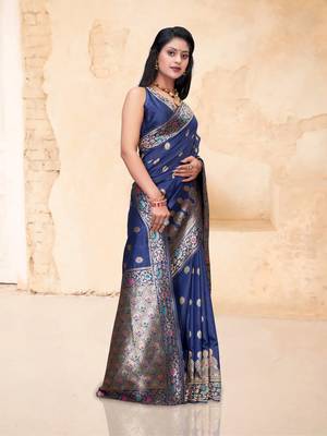 Navy blue woven semi silk saree with blouse 3