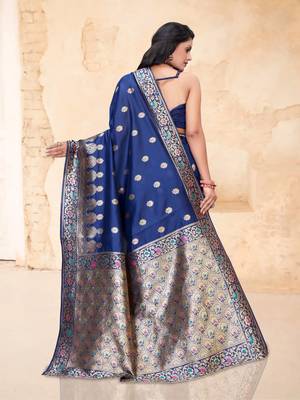 Navy blue woven semi silk saree with blouse 4