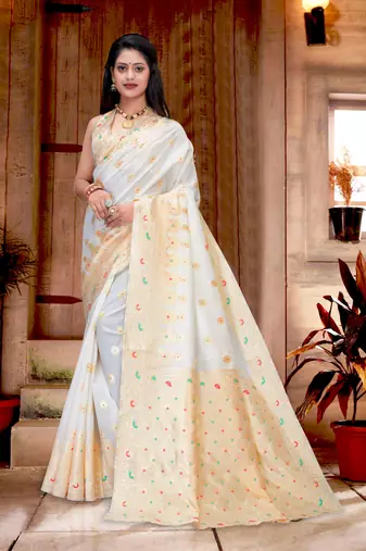 White woven banarasi silk saree with blouse
