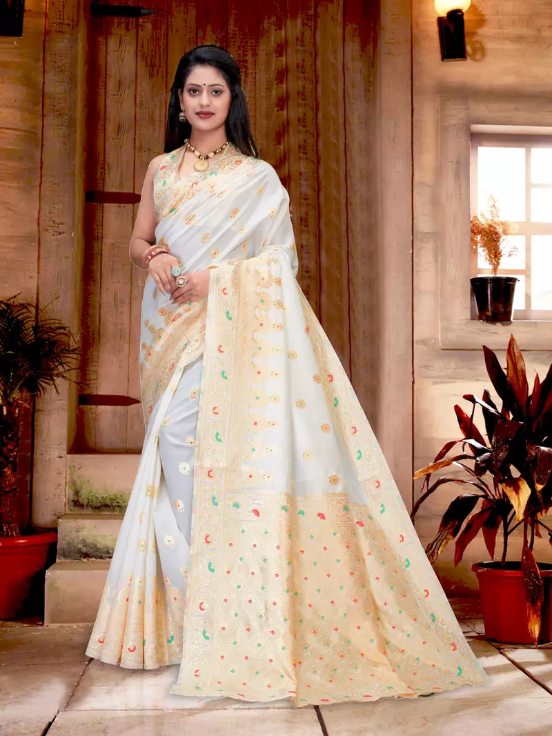 White woven banarasi silk saree with blouse