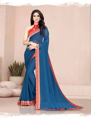 Dark blue plain georgette saree with blouse 2