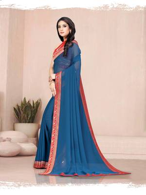 Dark blue plain georgette saree with blouse 3