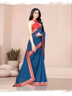 Dark blue plain georgette saree with blouse 4