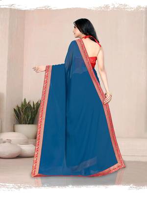 Dark blue plain georgette saree with blouse 5