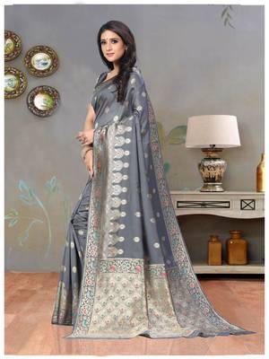 Grey woven Semi Silk saree with blouse 2