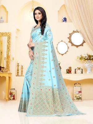 Sky blue woven semi silk saree with blouse 2