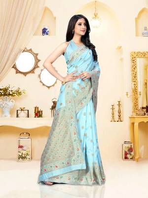 Sky blue woven semi silk saree with blouse 3