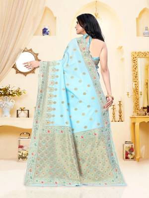 Sky blue woven semi silk saree with blouse 4