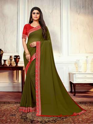 Mehendi plain georgette saree with blouse 1