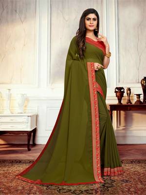 Mehendi plain georgette saree with blouse 2