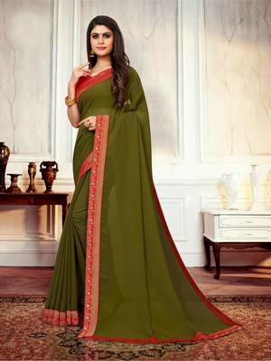 Mehendi plain georgette saree with blouse 3
