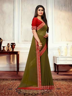 Mehendi plain georgette saree with blouse 4