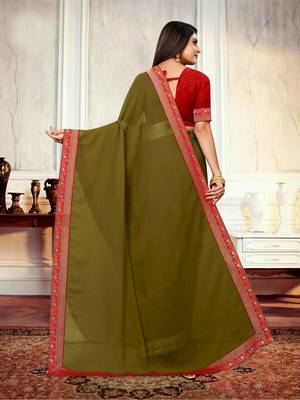 Mehendi plain georgette saree with blouse 5