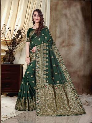 Dark green woven semi silk saree with blouse 1