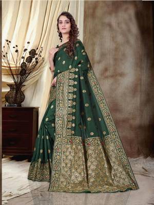 Dark green woven semi silk saree with blouse 2