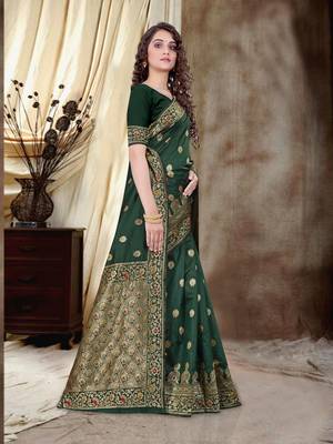 Dark green woven semi silk saree with blouse 3