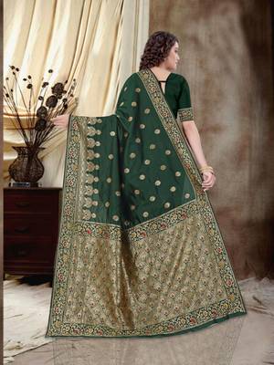 Dark green woven semi silk saree with blouse 4