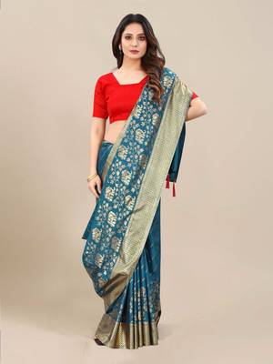 Blue woven silk saree with blouse 2