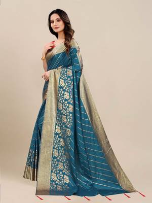 Blue woven silk saree with blouse 3