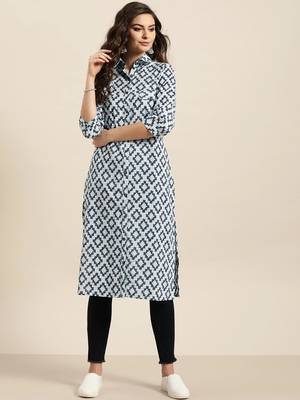 Women Navy Blue & Grey Pure Cotton Geometric Printed Kurta 1
