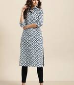 Women Navy Blue & Grey Pure Cotton Geometric Printed Kurta