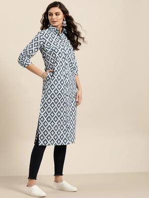 Women Navy Blue & Grey Pure Cotton Geometric Printed Kurta 3