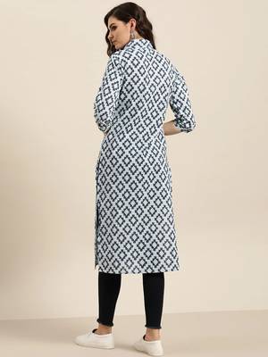 Women Navy Blue & Grey Pure Cotton Geometric Printed Kurta 4